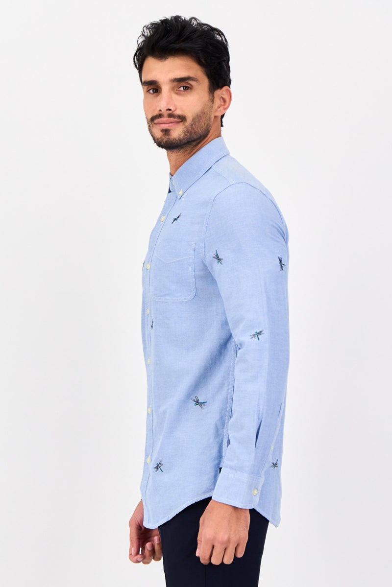 Chaps Men Regular Fit Embroideed Long Sleeve Casual Shirt, Blue - Image 2